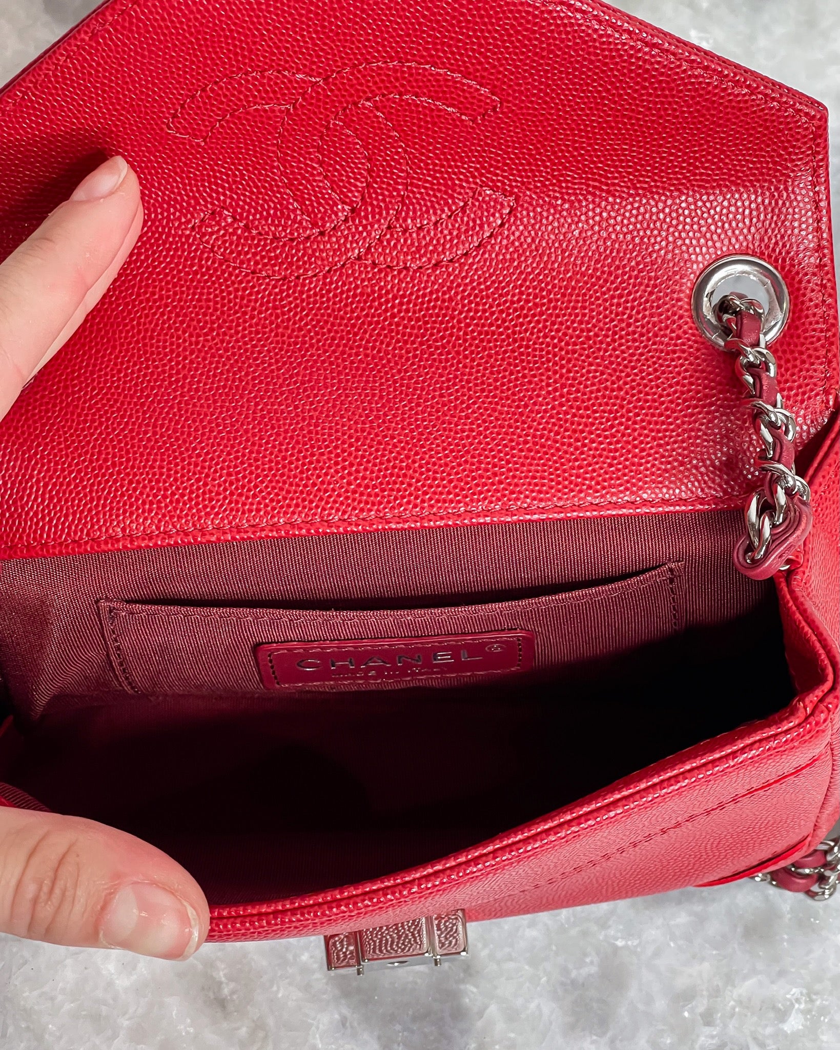 Authentic Chanel 17P Cherry Red Caviar Leather 