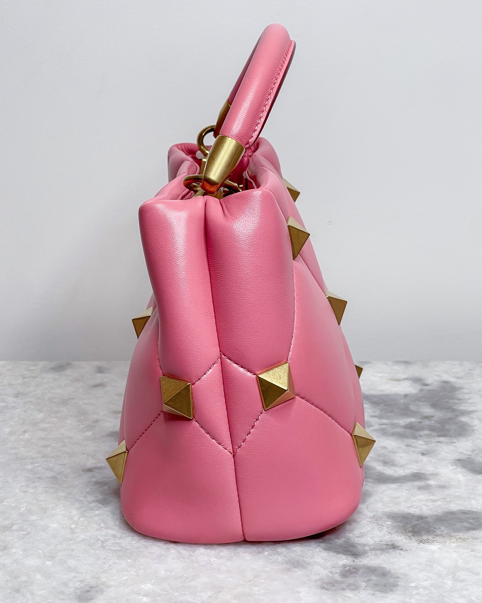 Authentic Valentino Garavani Pink Roman Stud Small Top Handle Bag