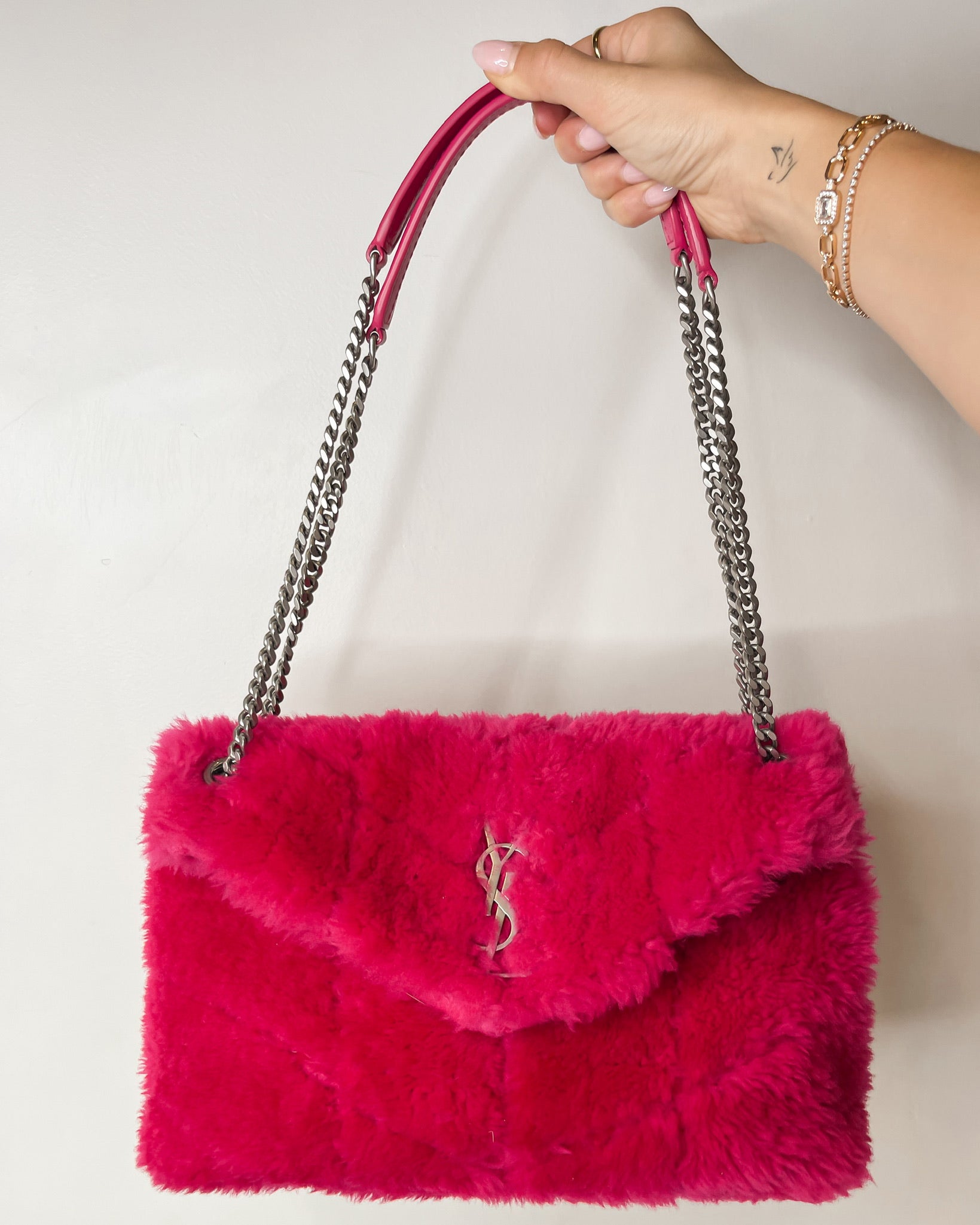 Authentic YSL Yves Saint Laurent PINK Loulou Shearling Small Sac
