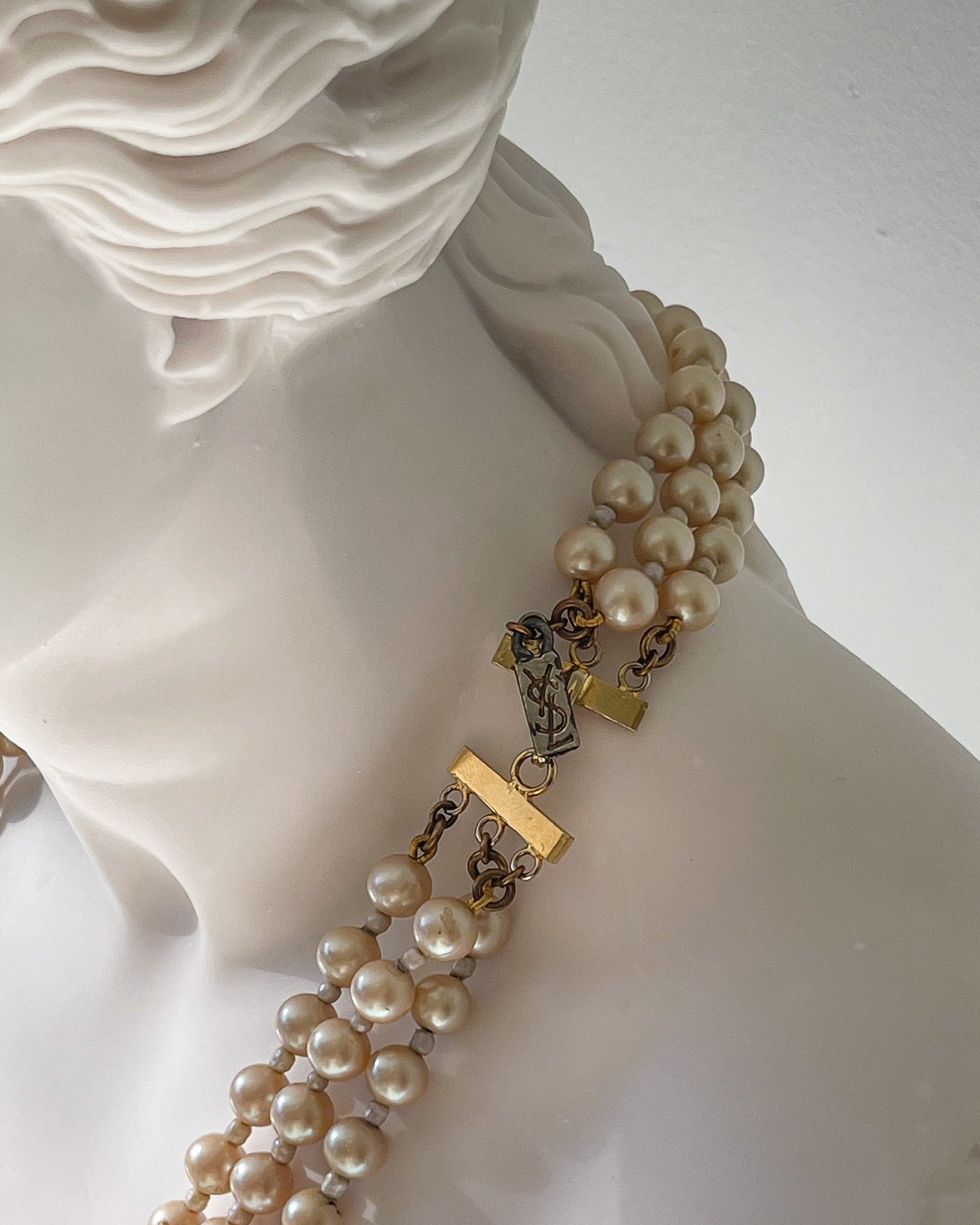 Authentic Vintage YSL Yves Saint Laurent Graduated Triple Strand Simulated Pearl Bead Necklace East Kennedy