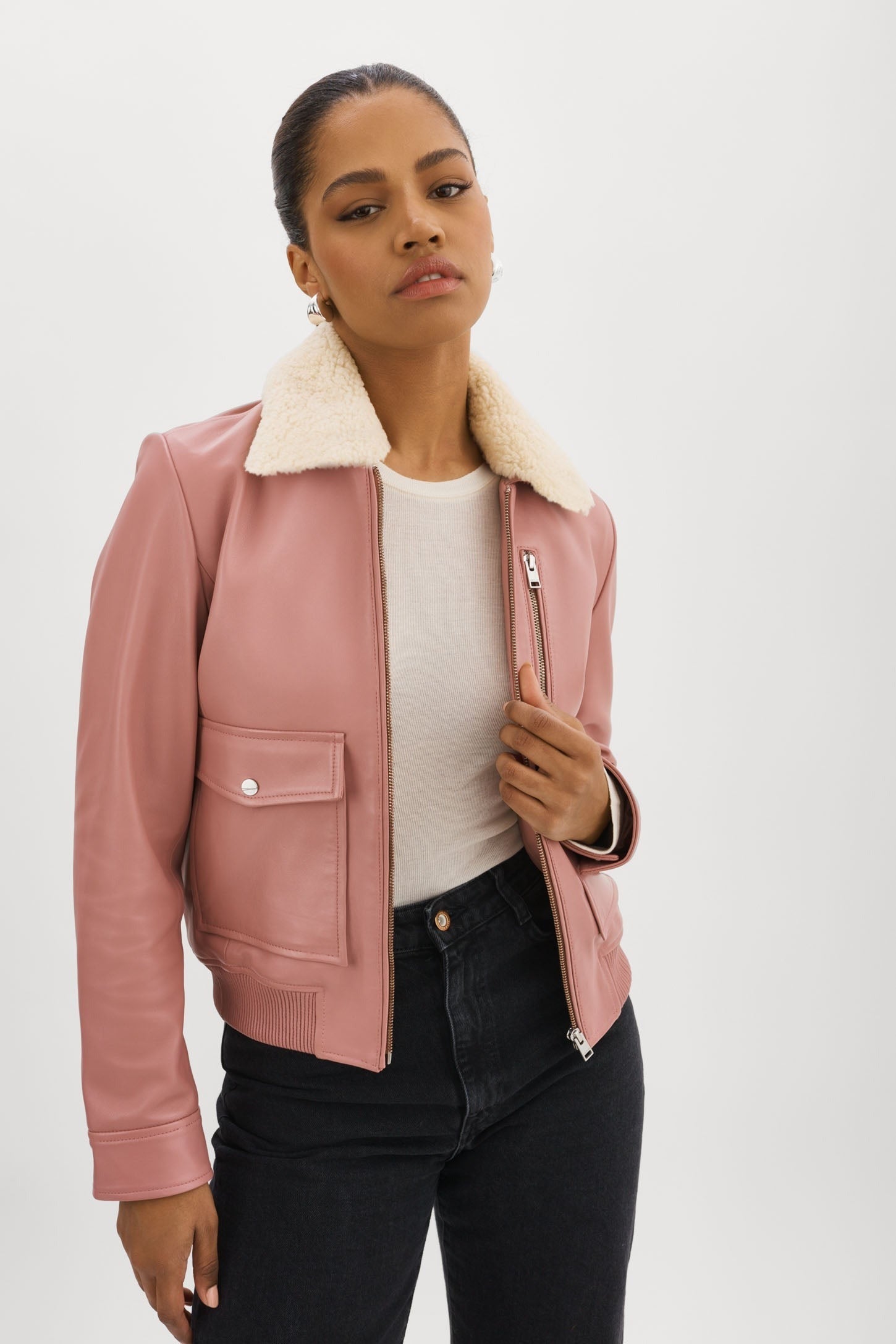 Klemence Leather Aviator Jacket in Mauve Pink by LAMARQUE East Kennedy